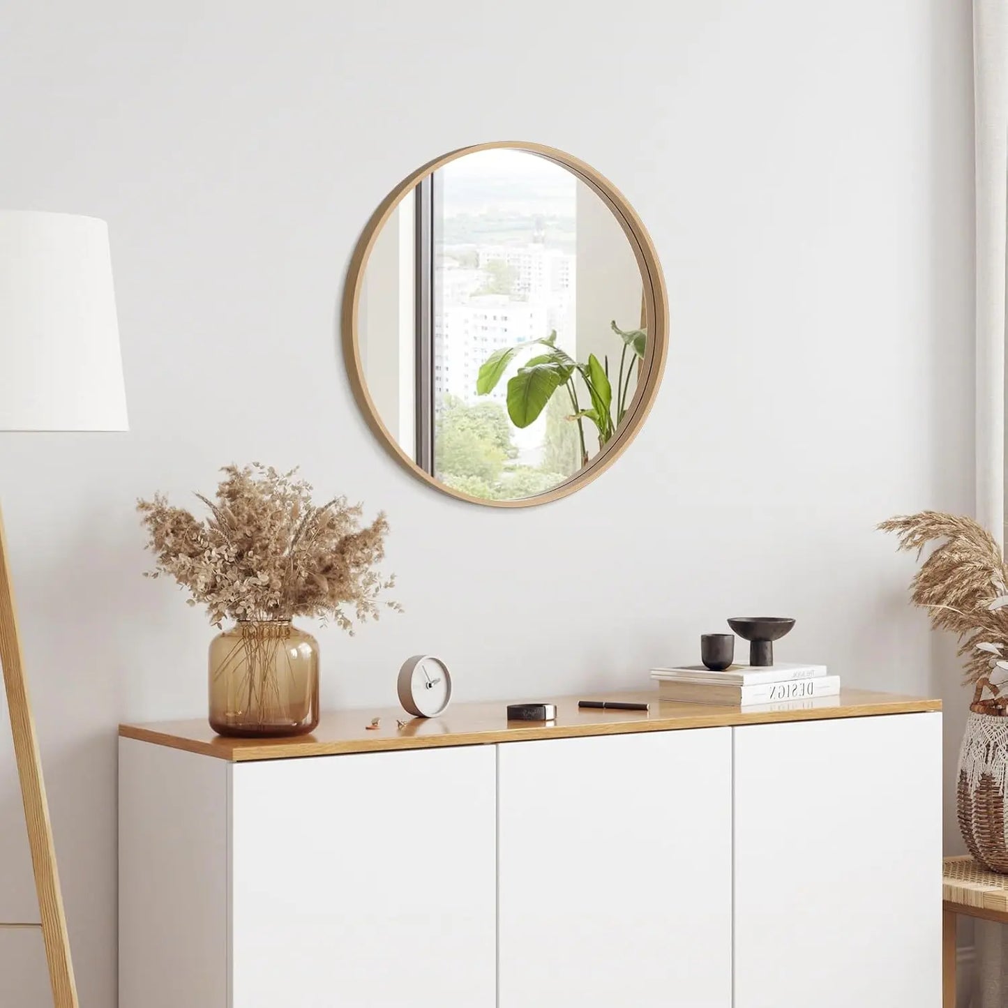 24 Inch Round Wall Mirror with Wood Frame,
