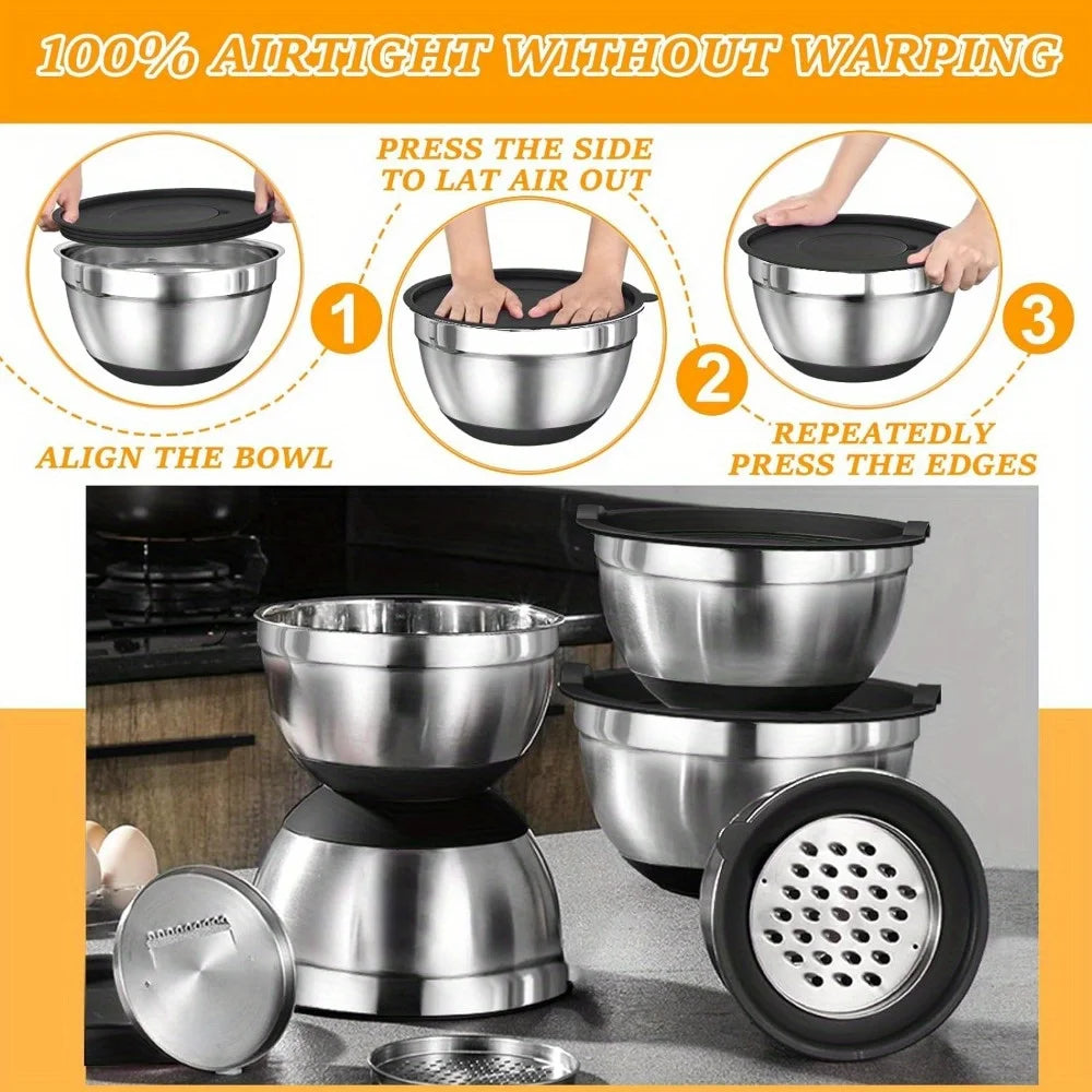17pcs, Stainless Steel Mixing Bowl Set With Lids Grater Attachment