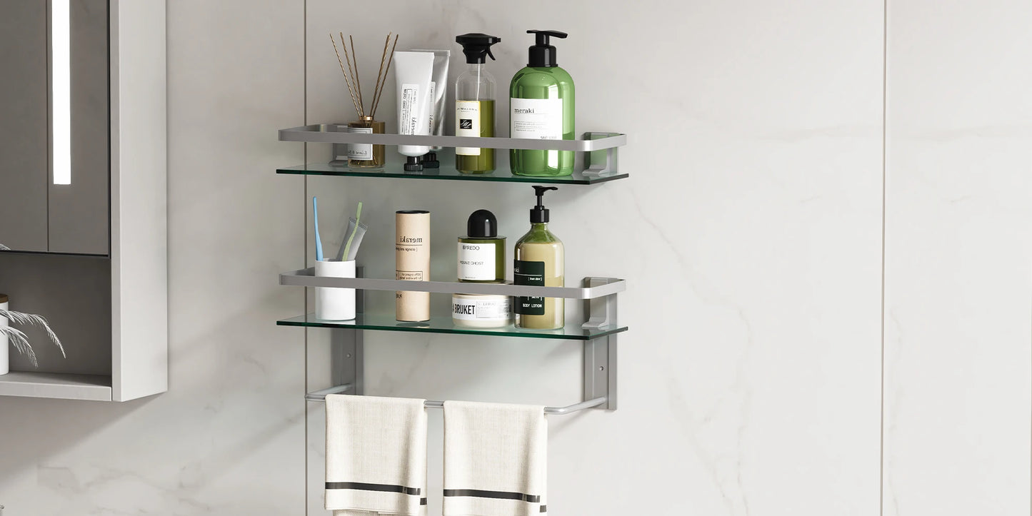 15.7in Glass Bathroom Wall with 2 Shelves with Towel Bar