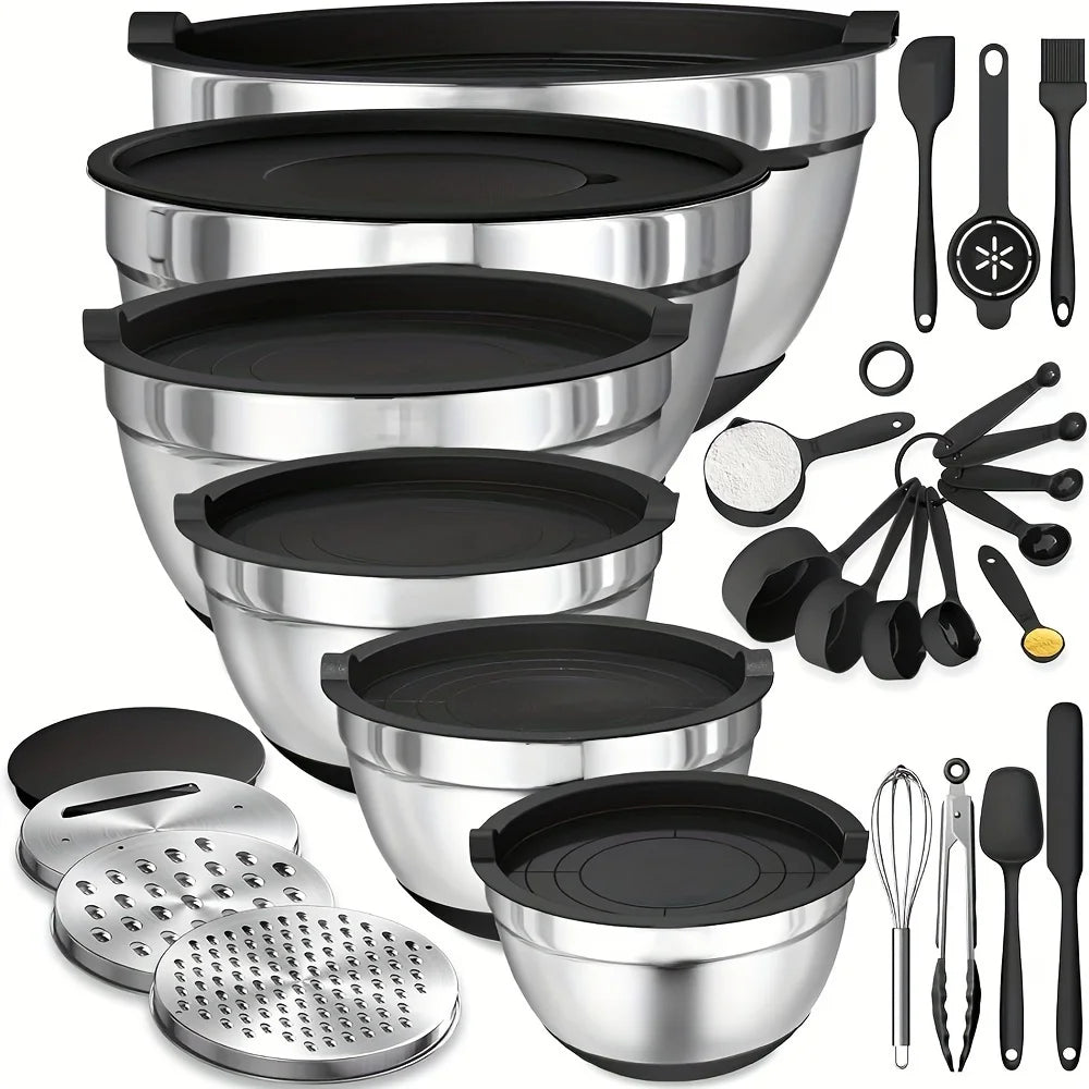 17pcs, Stainless Steel Mixing Bowl Set With Lids Grater Attachment