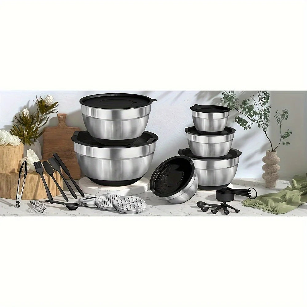 17pcs, Stainless Steel Mixing Bowl Set With Lids Grater Attachment
