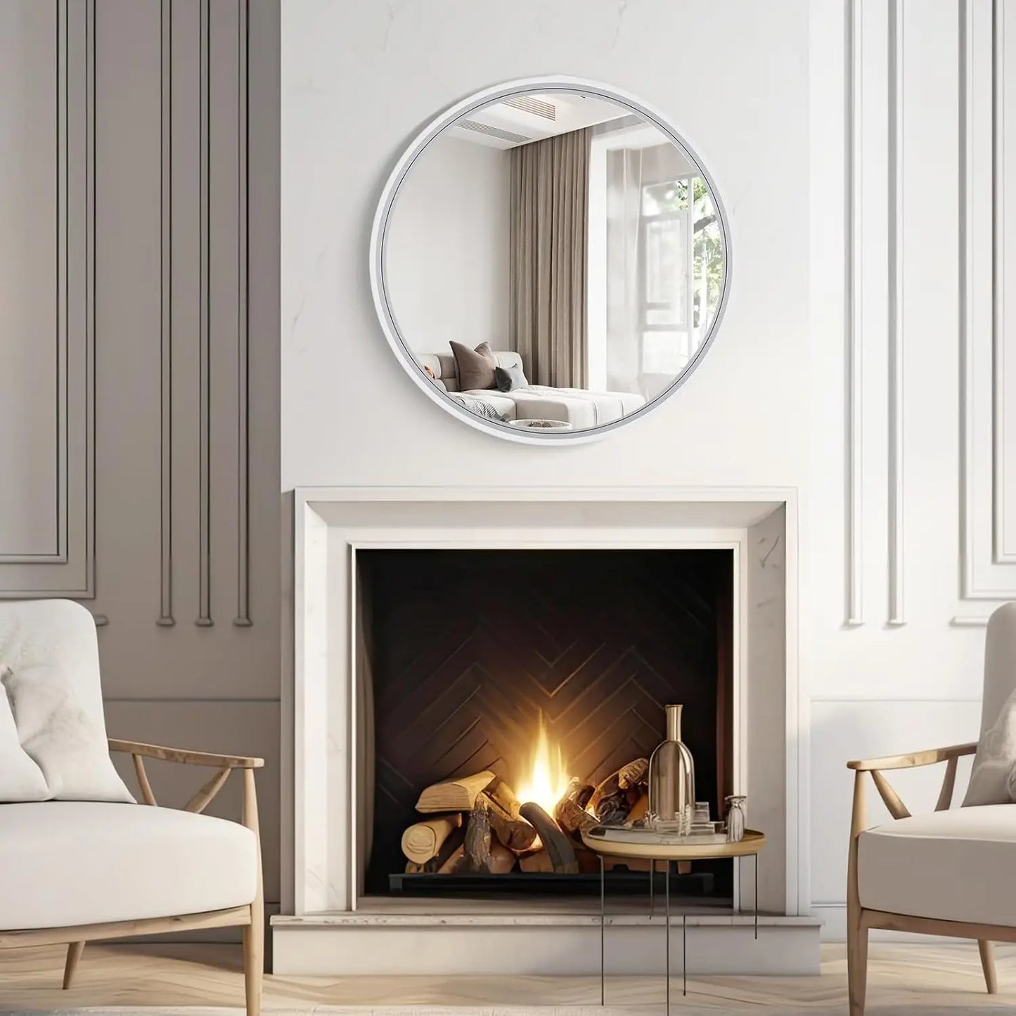 24 Inch Round Wall Mirror with Wood Frame,
