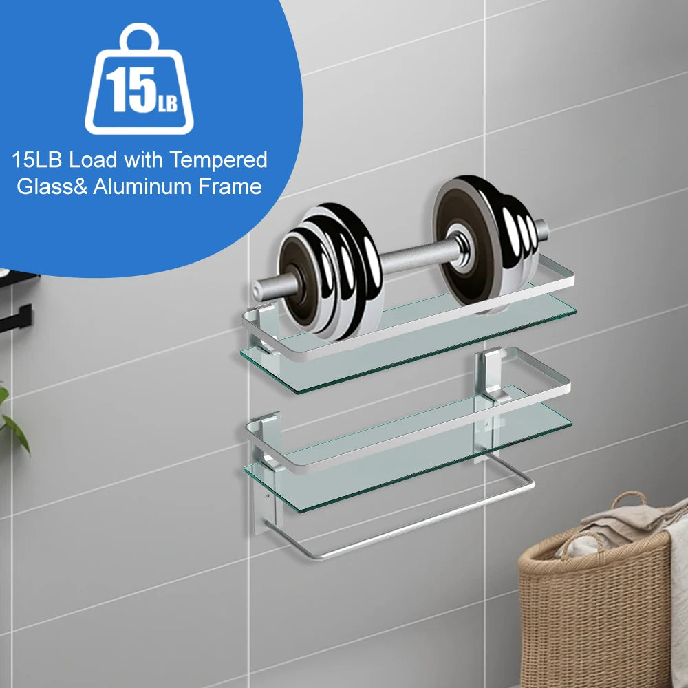 15.7in Glass Bathroom Wall with 2 Shelves with Towel Bar