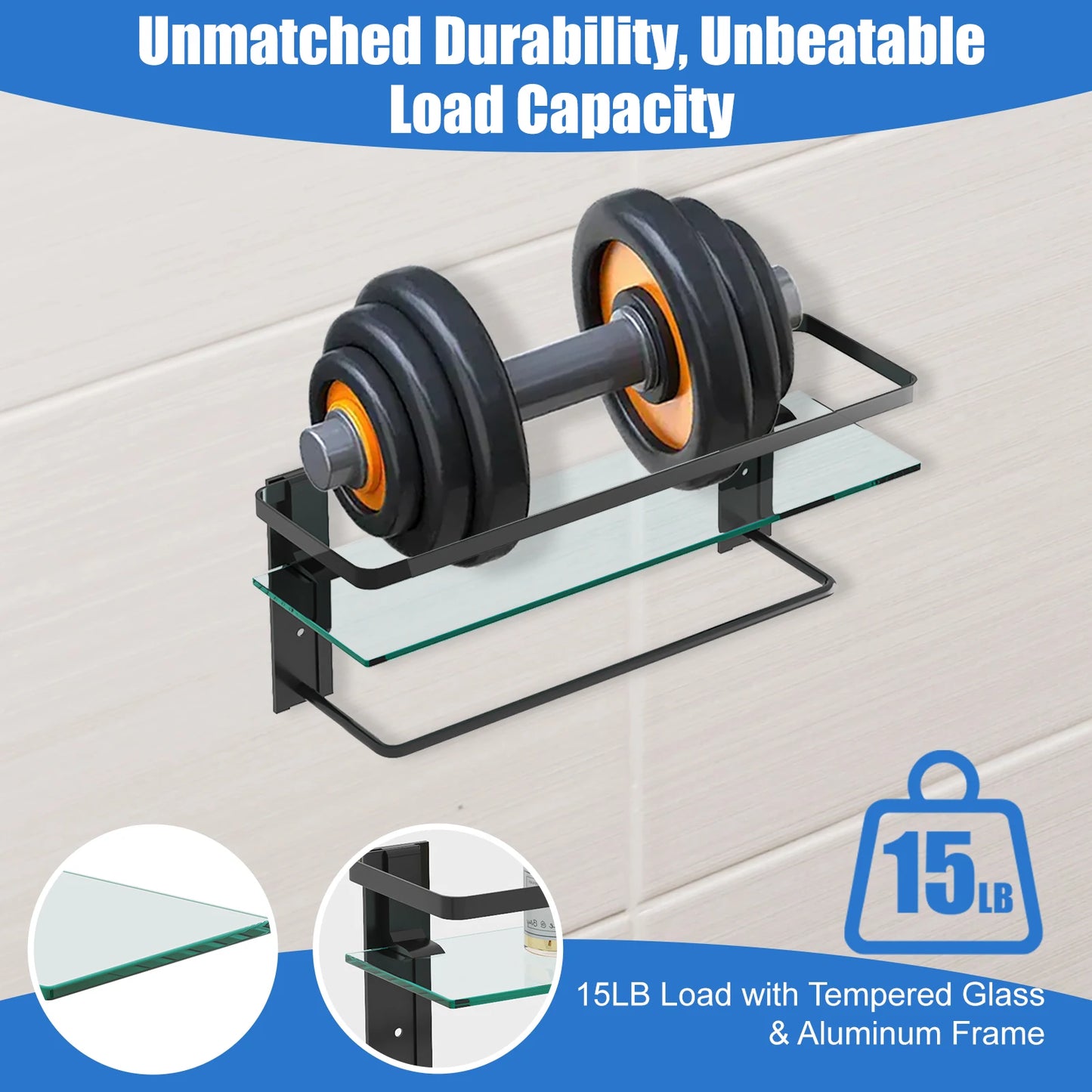 15.7in Glass Bathroom Wall with 2 Shelves with Towel Bar