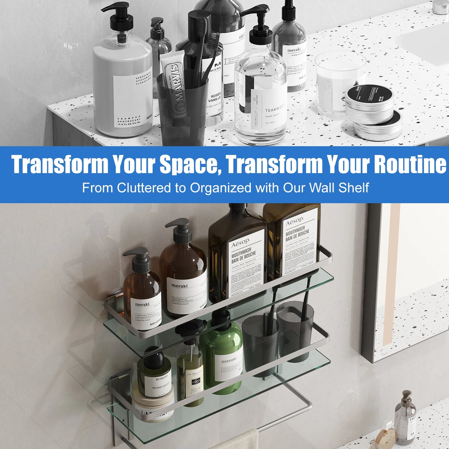 15.7in Glass Bathroom Wall with 2 Shelves with Towel Bar