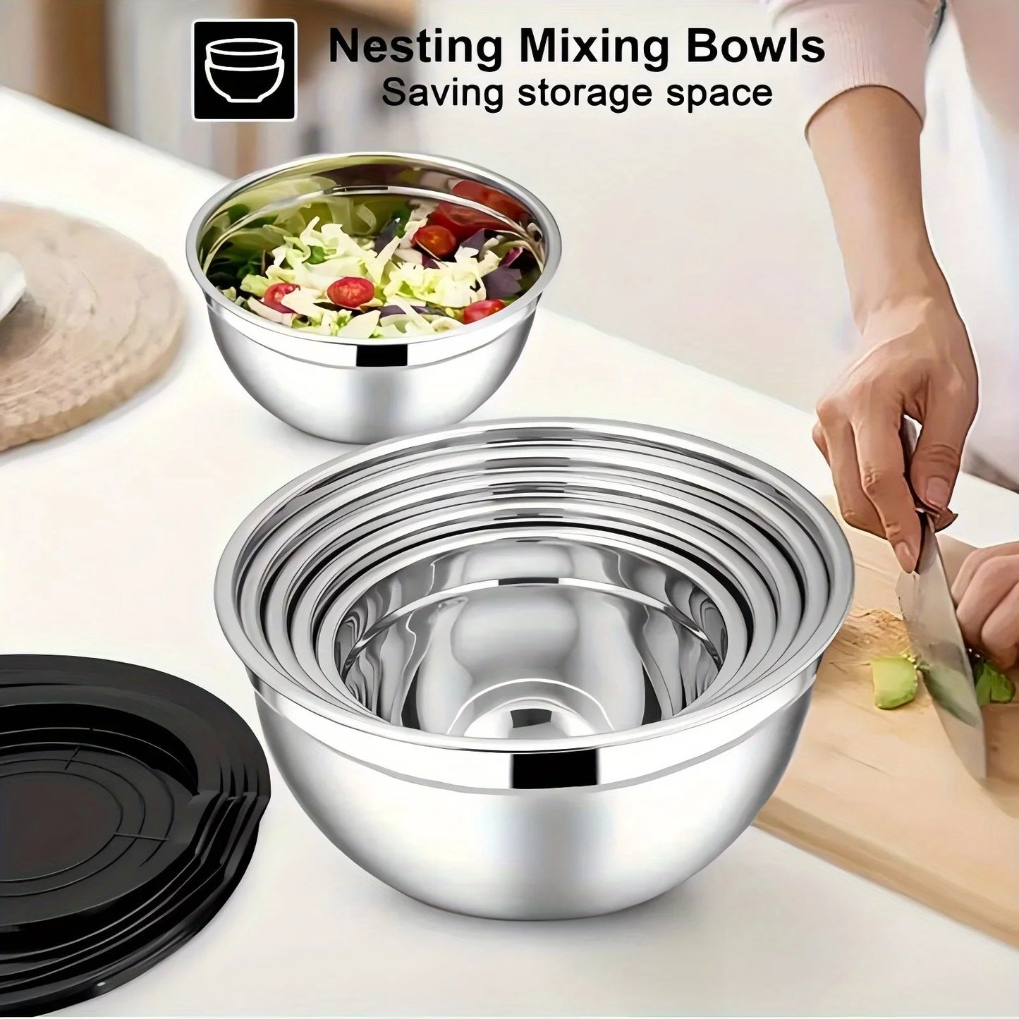 17pcs, Stainless Steel Mixing Bowl Set With Lids Grater Attachment