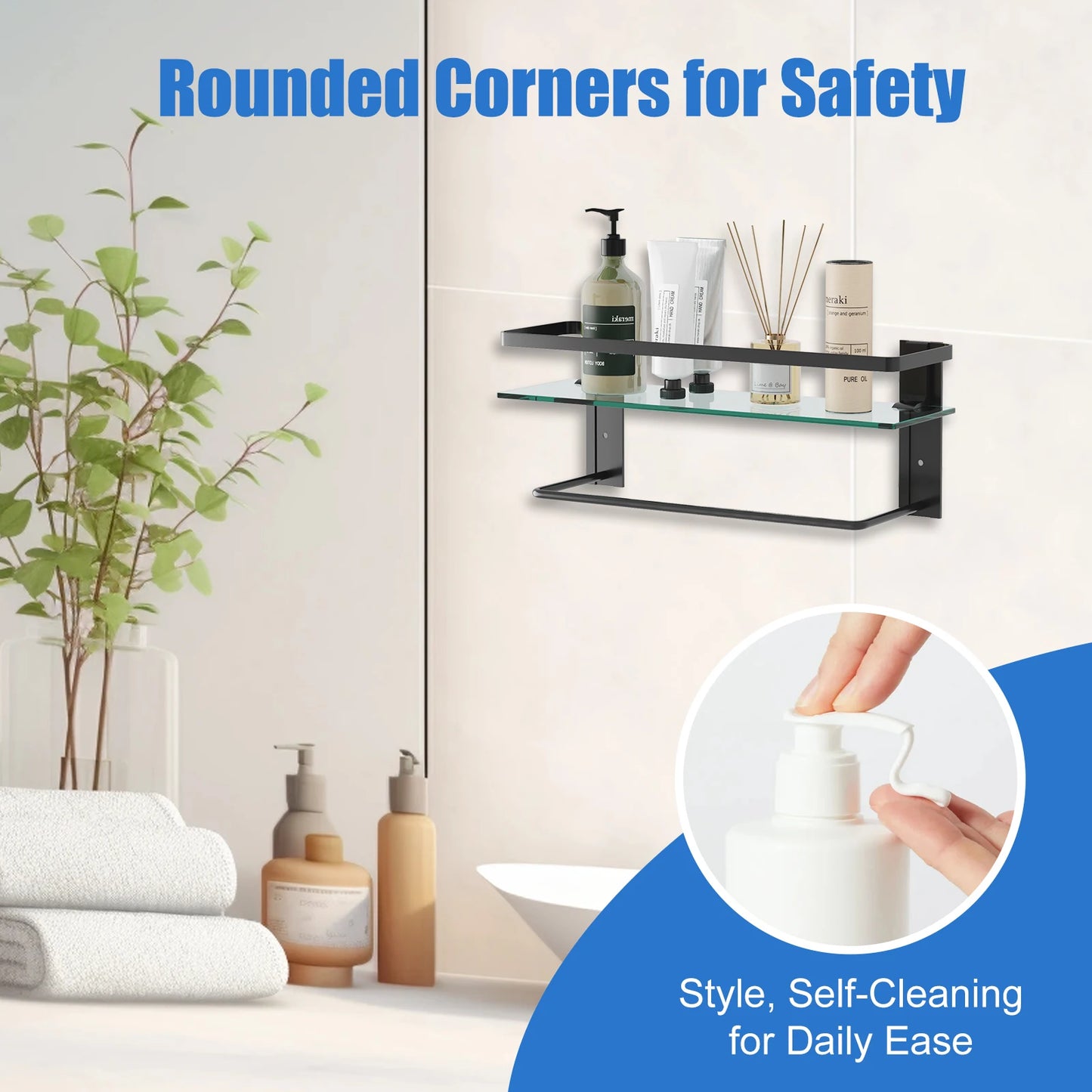 15.7in Glass Bathroom Wall with 2 Shelves with Towel Bar