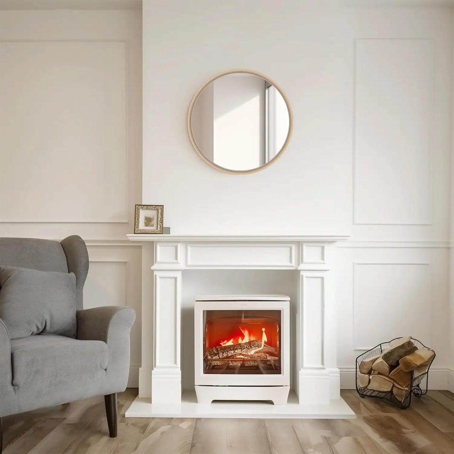 24 Inch Round Wall Mirror with Wood Frame,