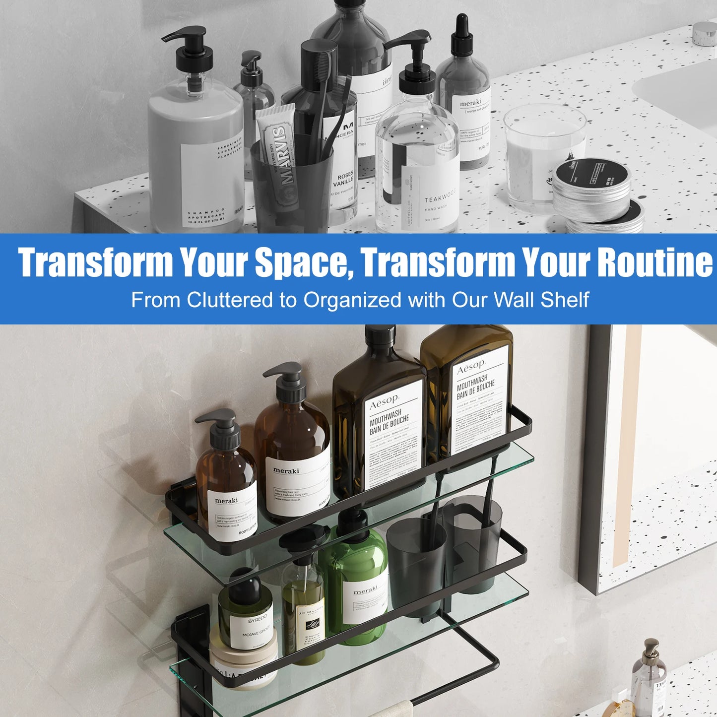 15.7in Glass Bathroom Wall with 2 Shelves with Towel Bar