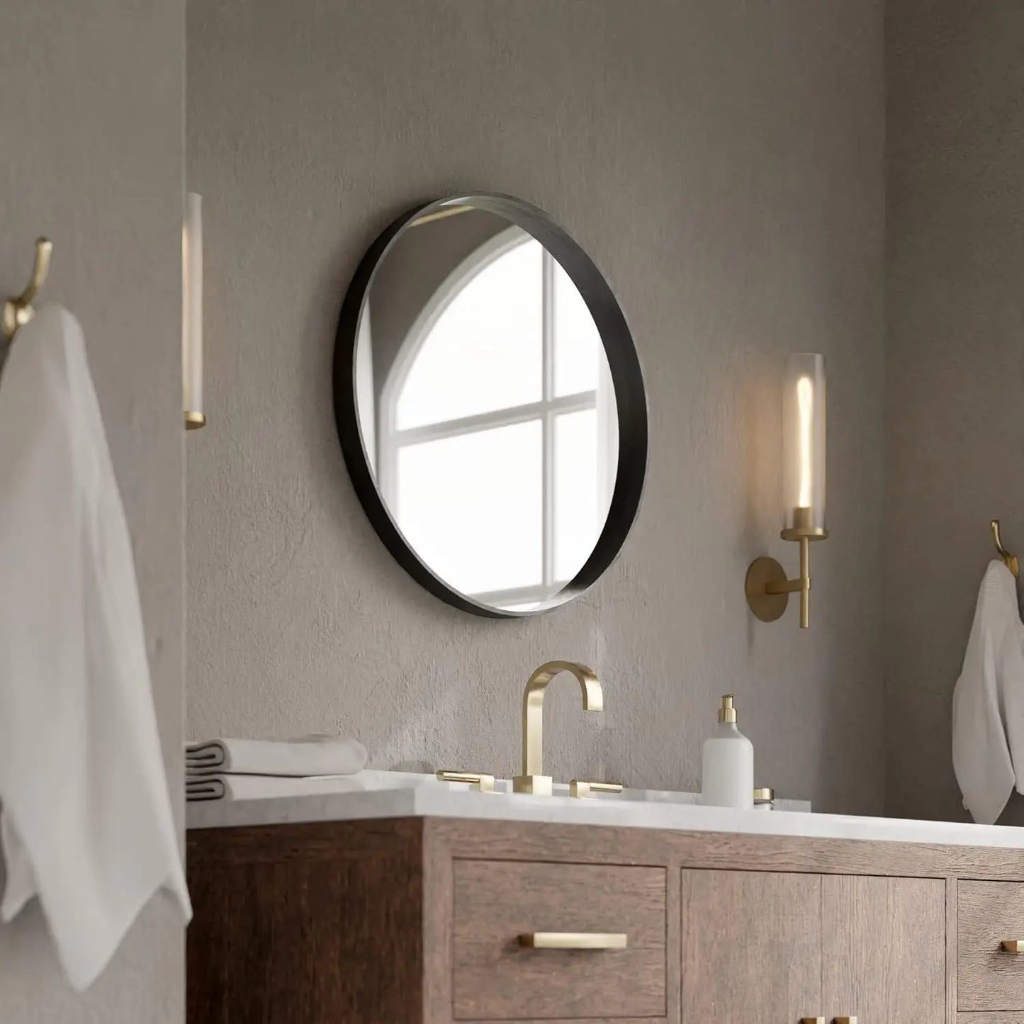 24 Inch Round Wall Mirror with Wood Frame,