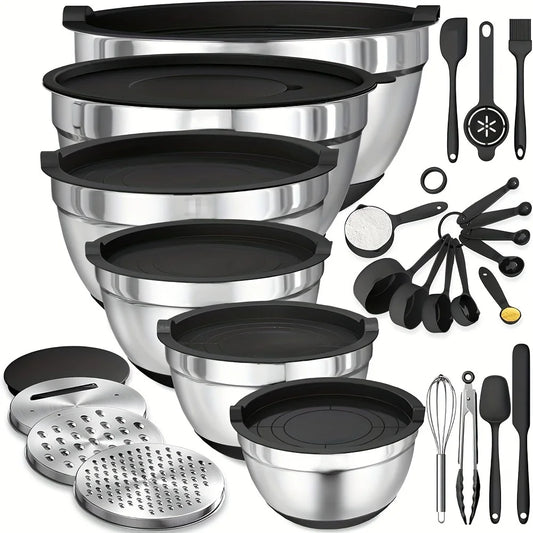 17pcs, Stainless Steel Mixing Bowl Set With Lids Grater Attachment