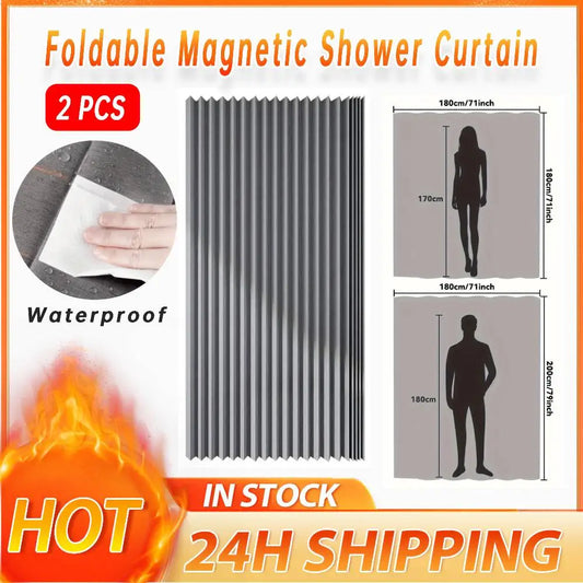 1-2PCS Foldable Waterproof Magnetic Shower Curtain with 14 Hooks