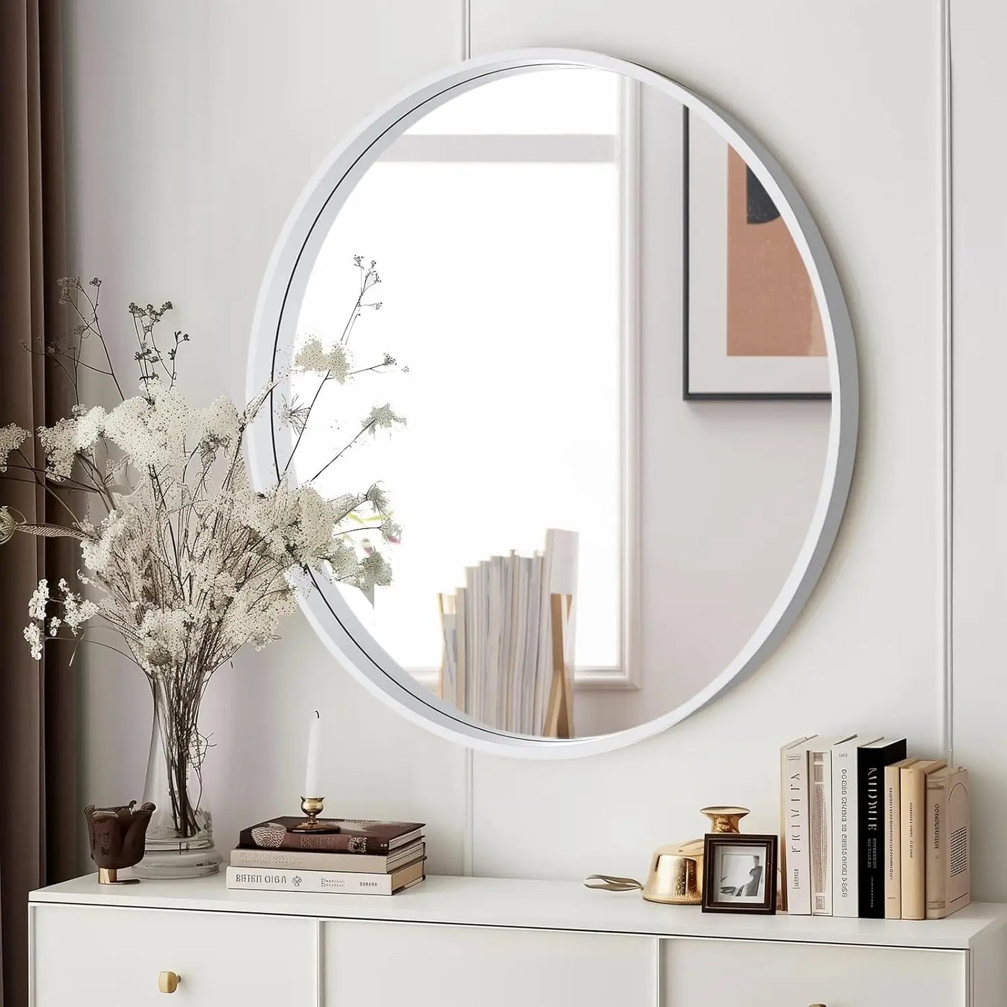 24 Inch Round Wall Mirror with Wood Frame,