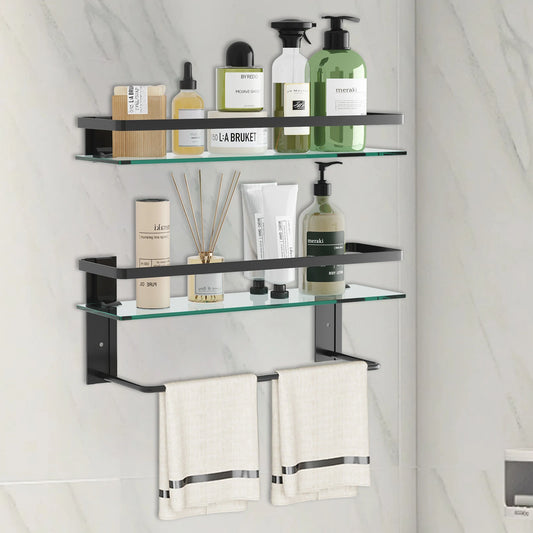 15.7in Glass Bathroom Wall with 2 Shelves with Towel Bar