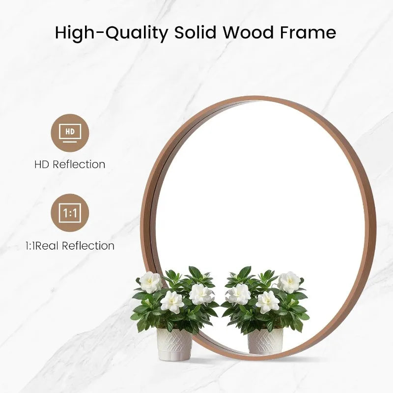 24 Inch Round Wall Mirror with Wood Frame,