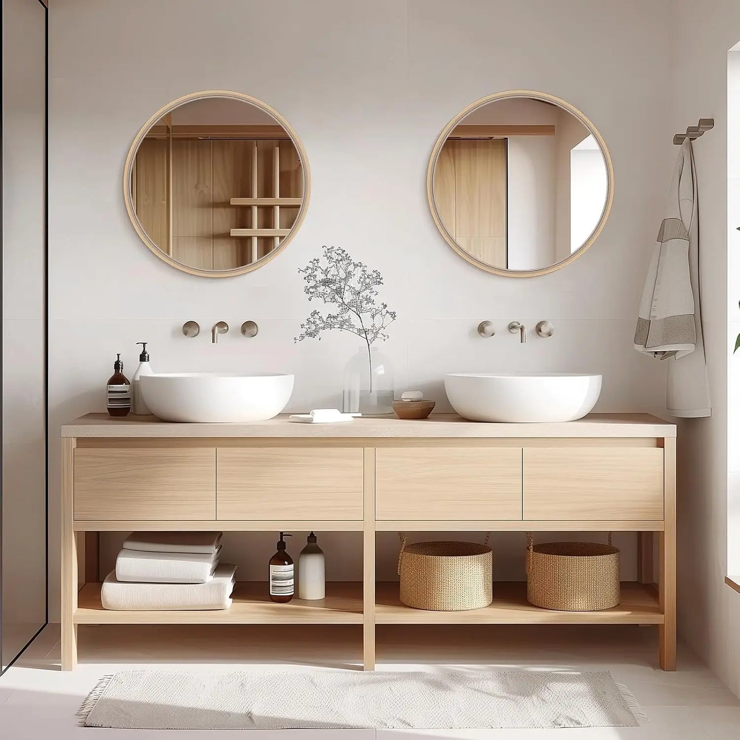 24 Inch Round Wall Mirror with Wood Frame,