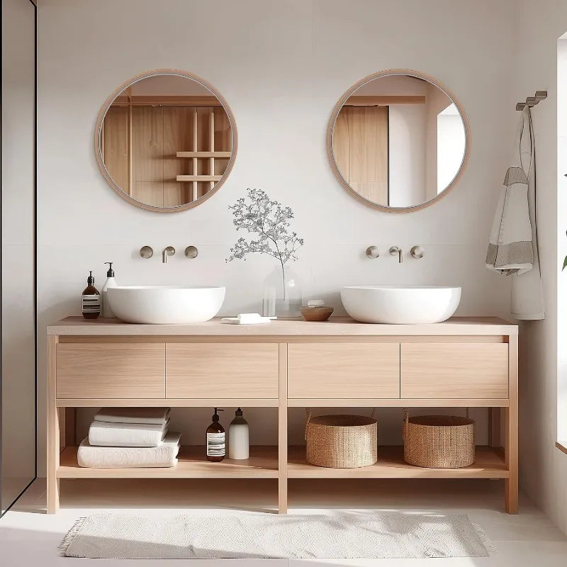 24 Inch Round Wall Mirror with Wood Frame,