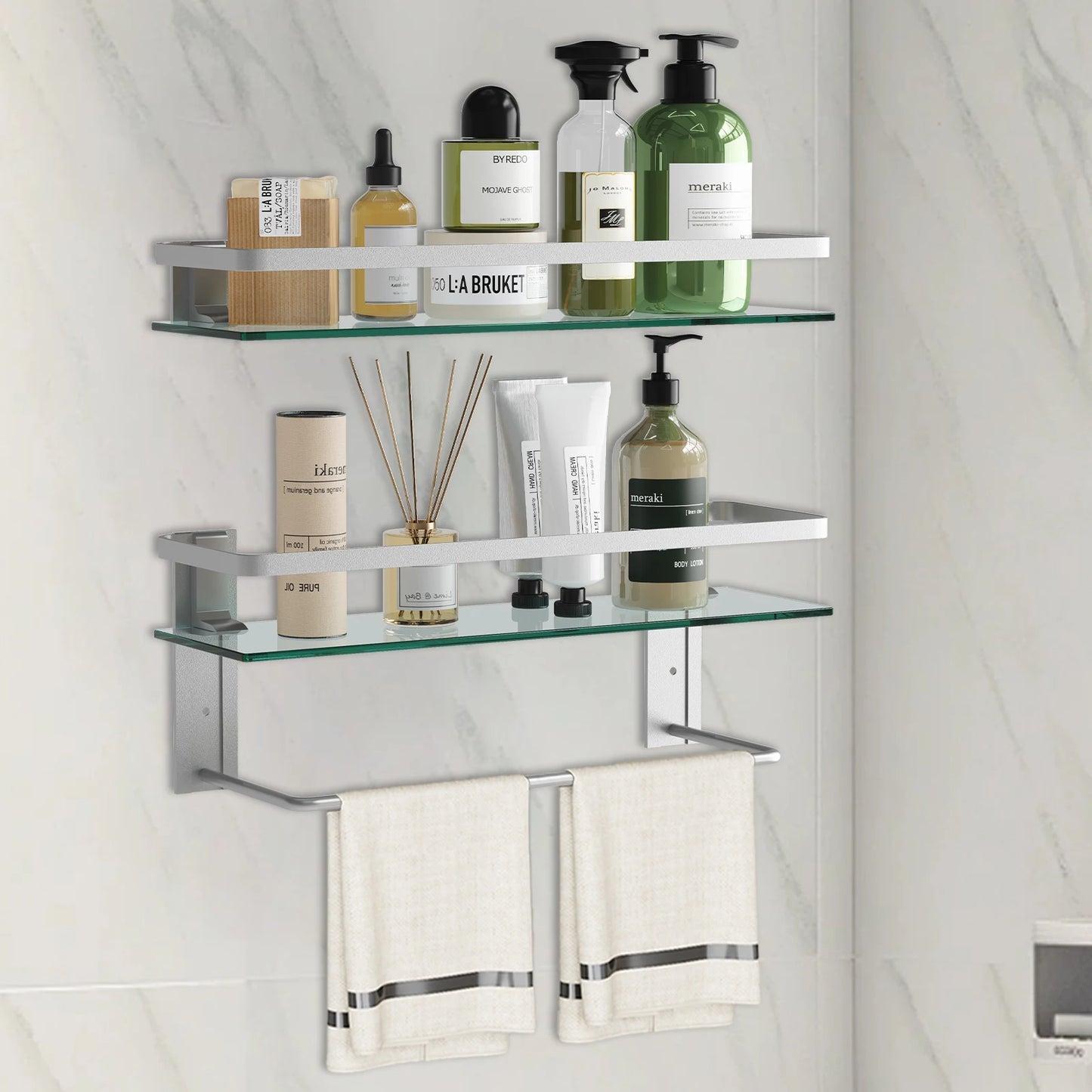 15.7in Glass Bathroom Wall with 2 Shelves with Towel Bar