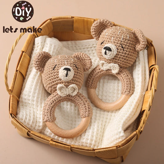 1PC Crochet Animal Bear Rattle Toy Soother Bracelet Wooden Teether Ring