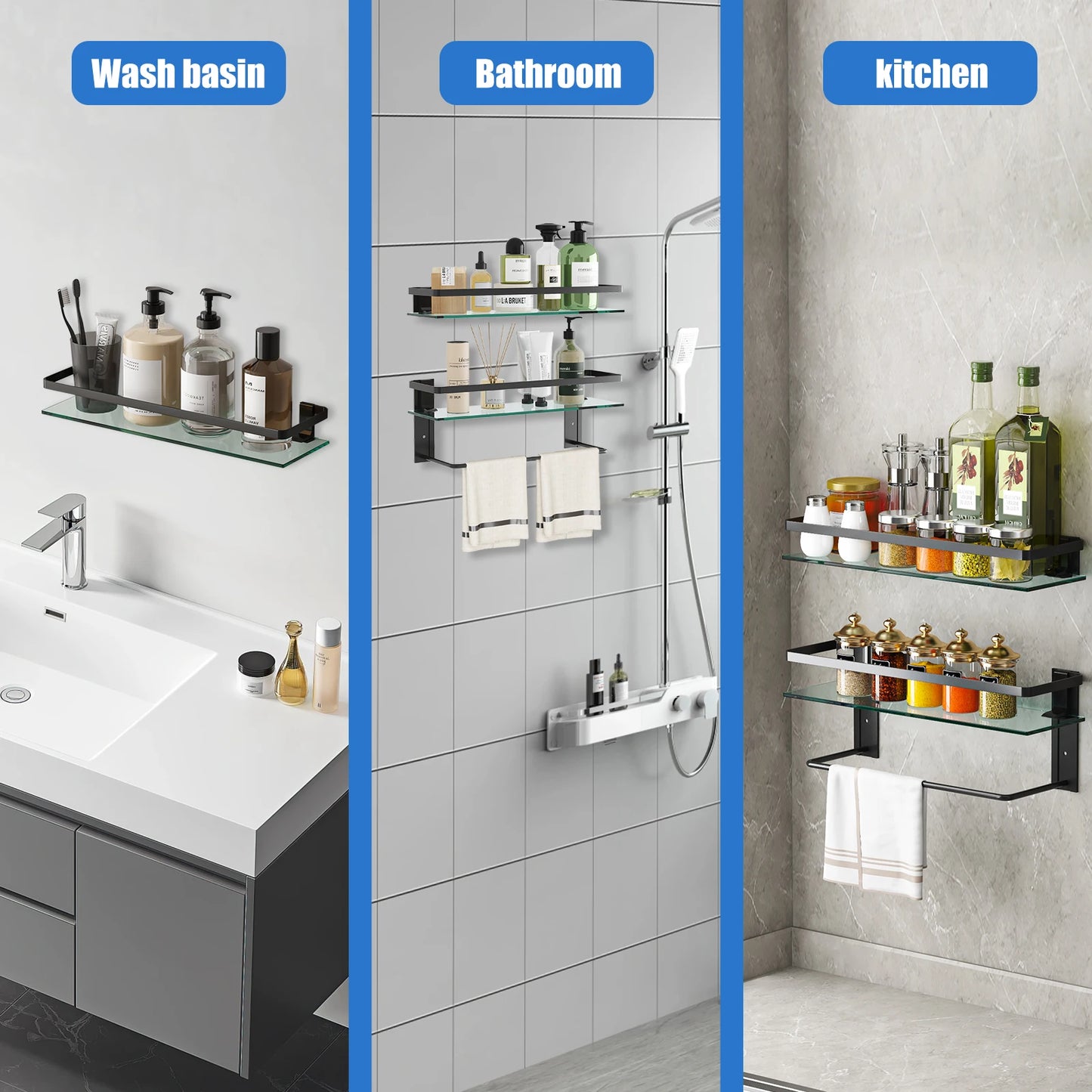 15.7in Glass Bathroom Wall with 2 Shelves with Towel Bar