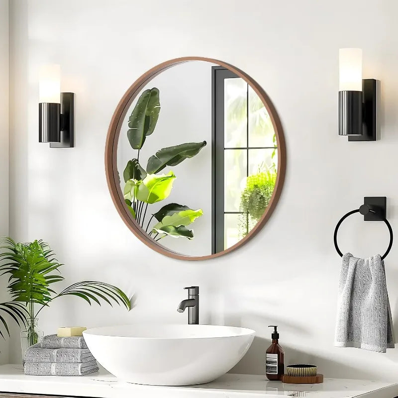 24 Inch Round Wall Mirror with Wood Frame,