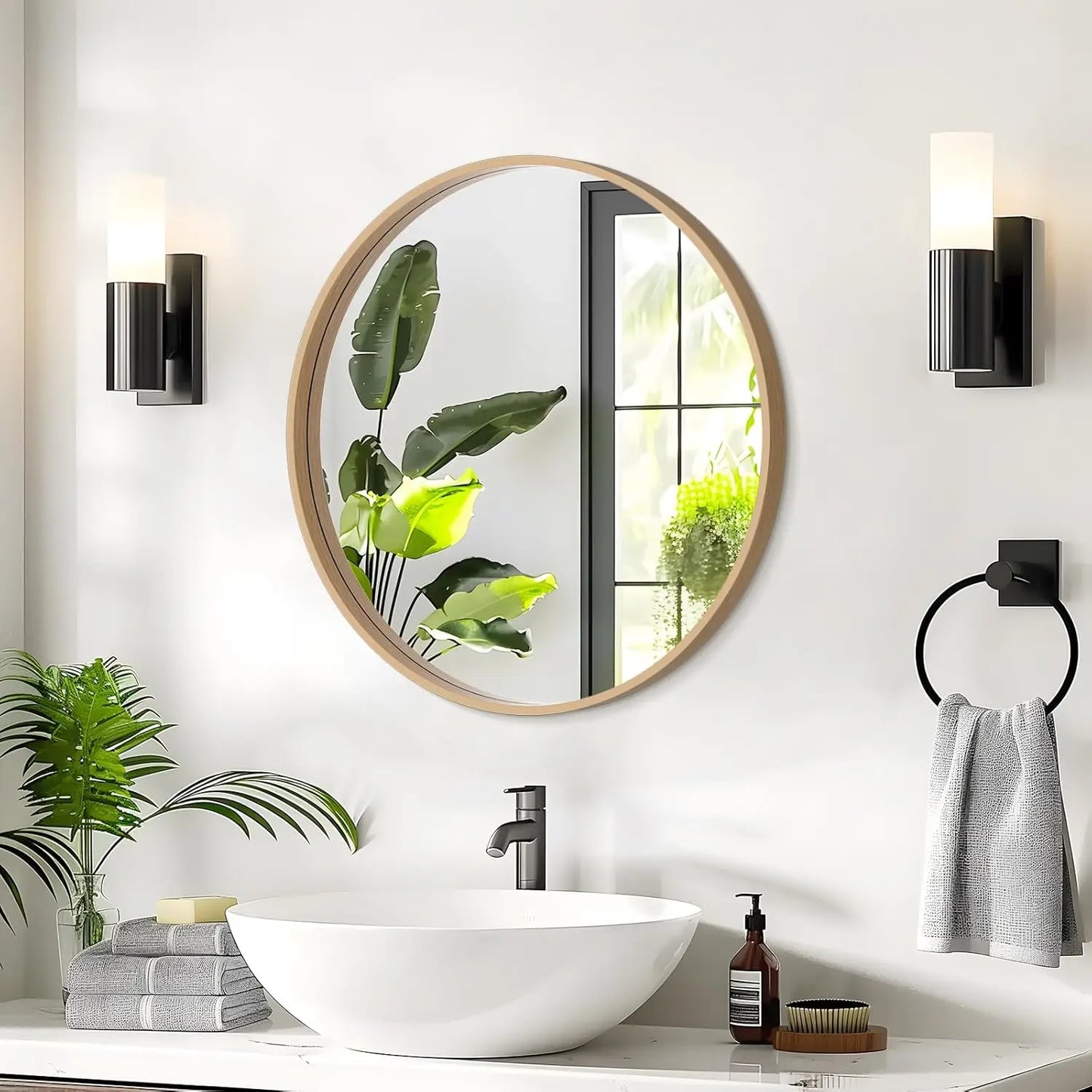 24 Inch Round Wall Mirror with Wood Frame,
